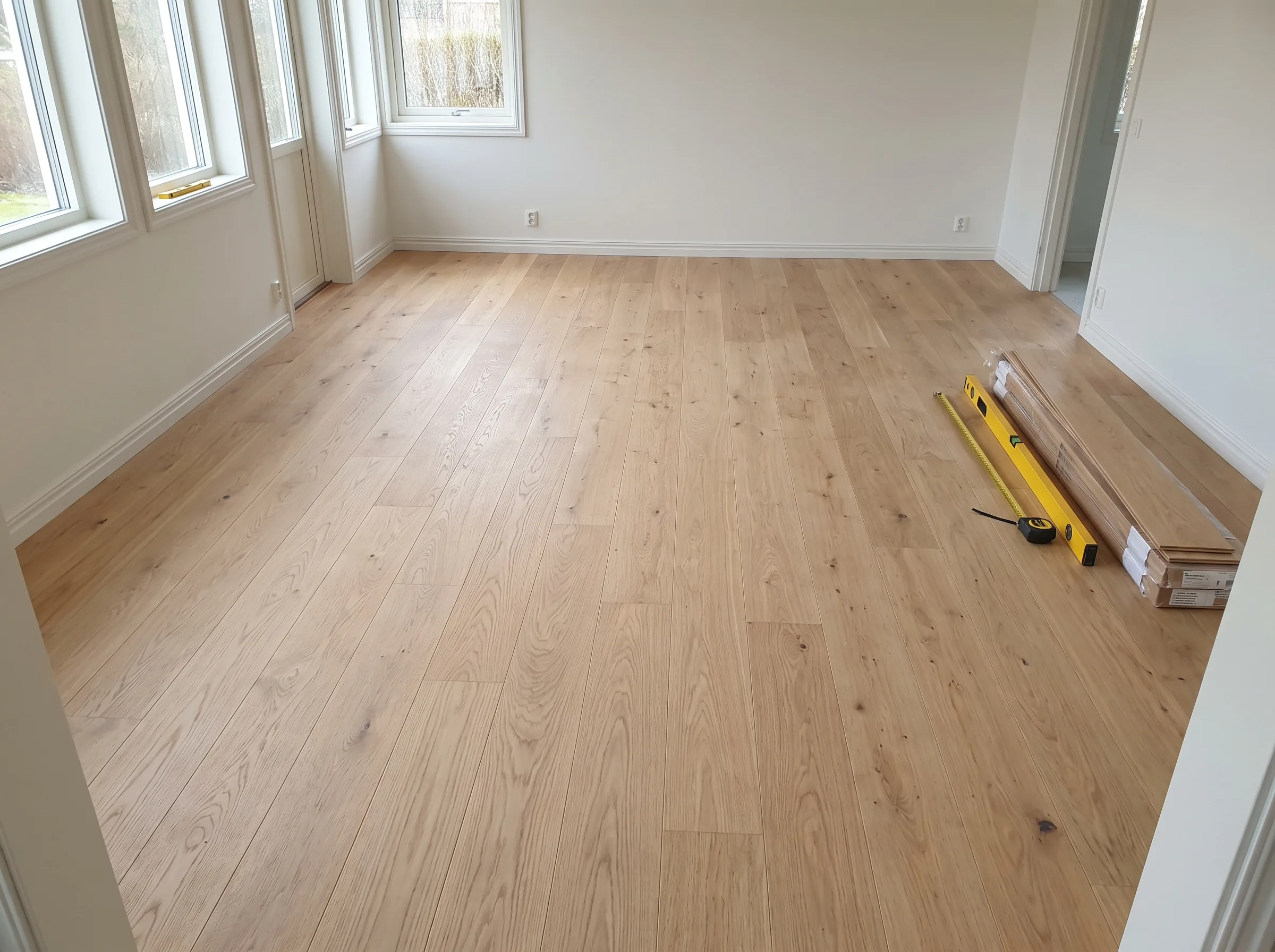 Nyinstallerat trägolv i ett ljust rum med stora fönster