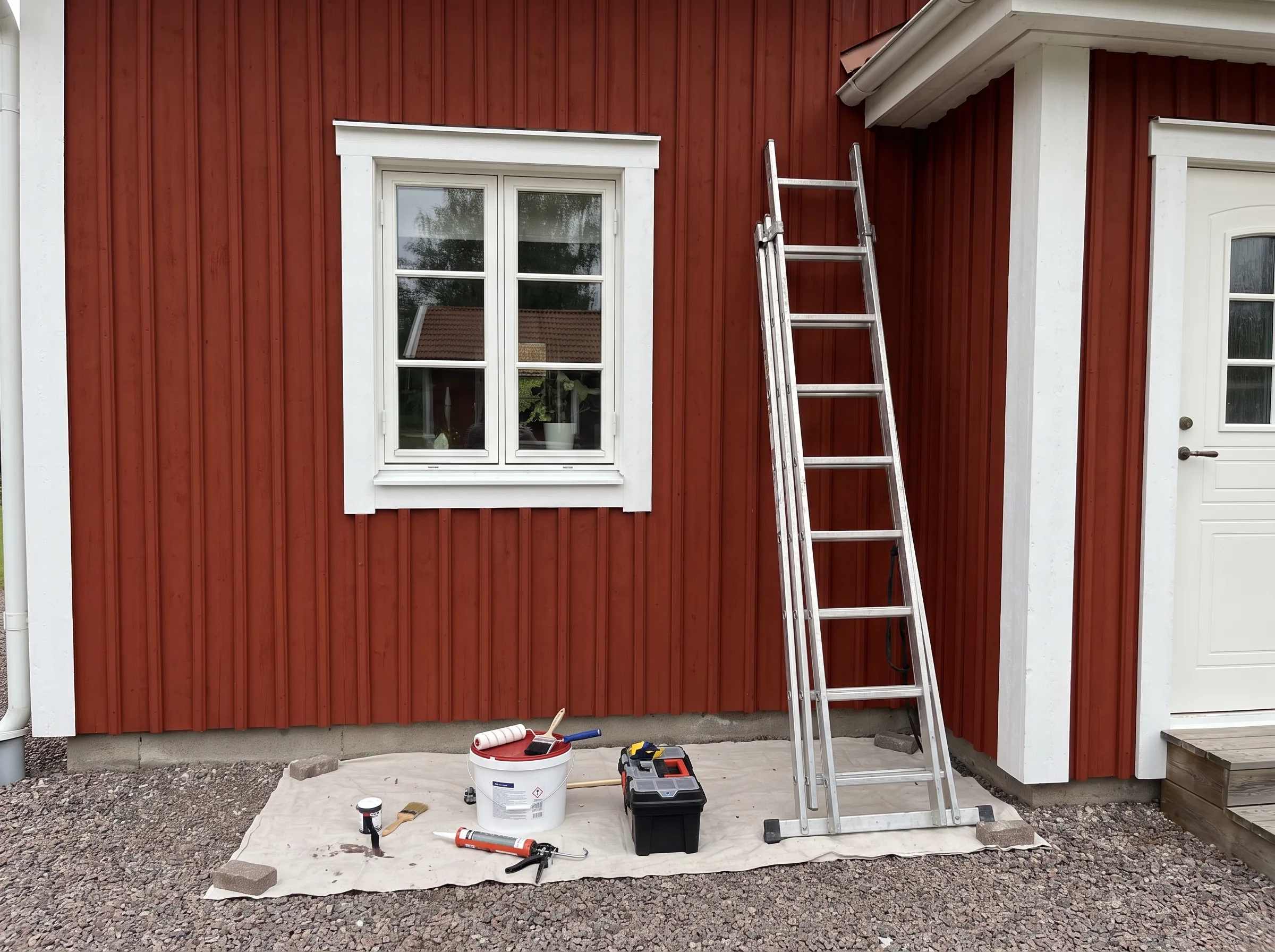 Verktyg och stege vid en röd fasad för fasadarbeten