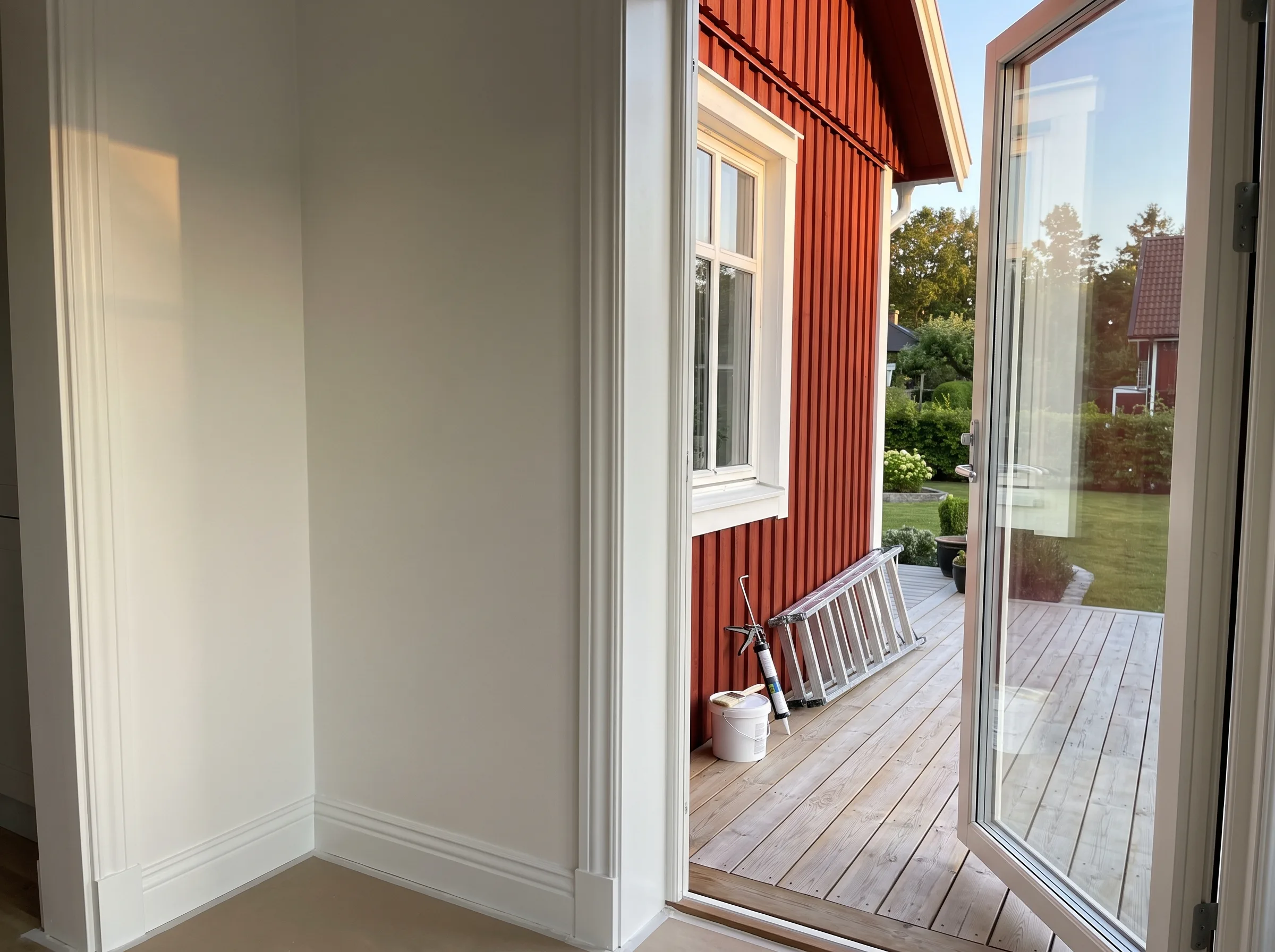 Utsikt från ett vitt rum med dörrar som leder till en träaltan