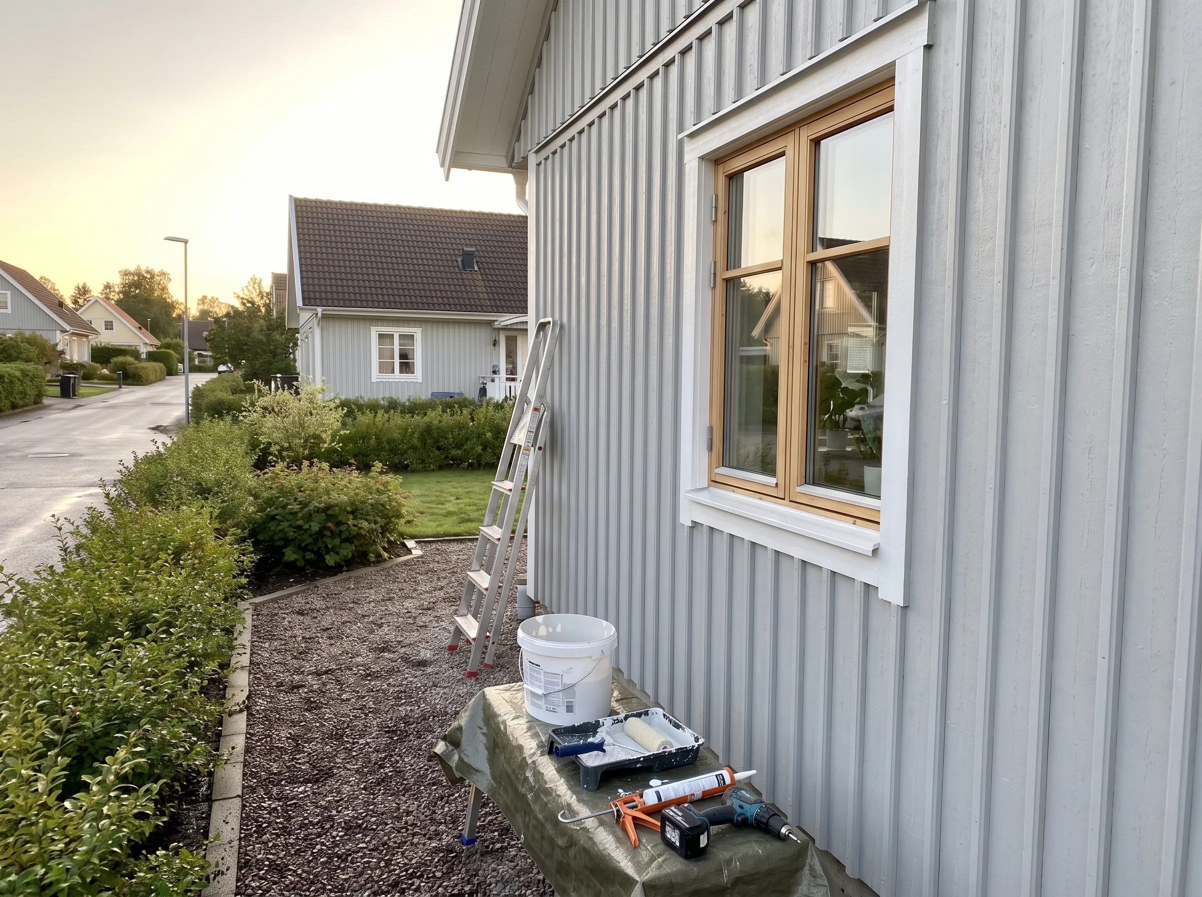 Arbete med fasadmålning, stege och verktyg syns vid huset