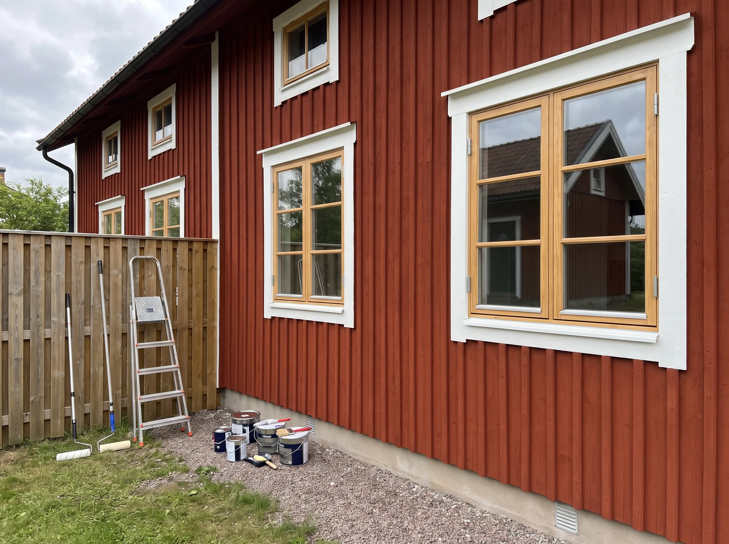 Fasadmålning med träfasad och nyinköpta färger samt stege för renovering