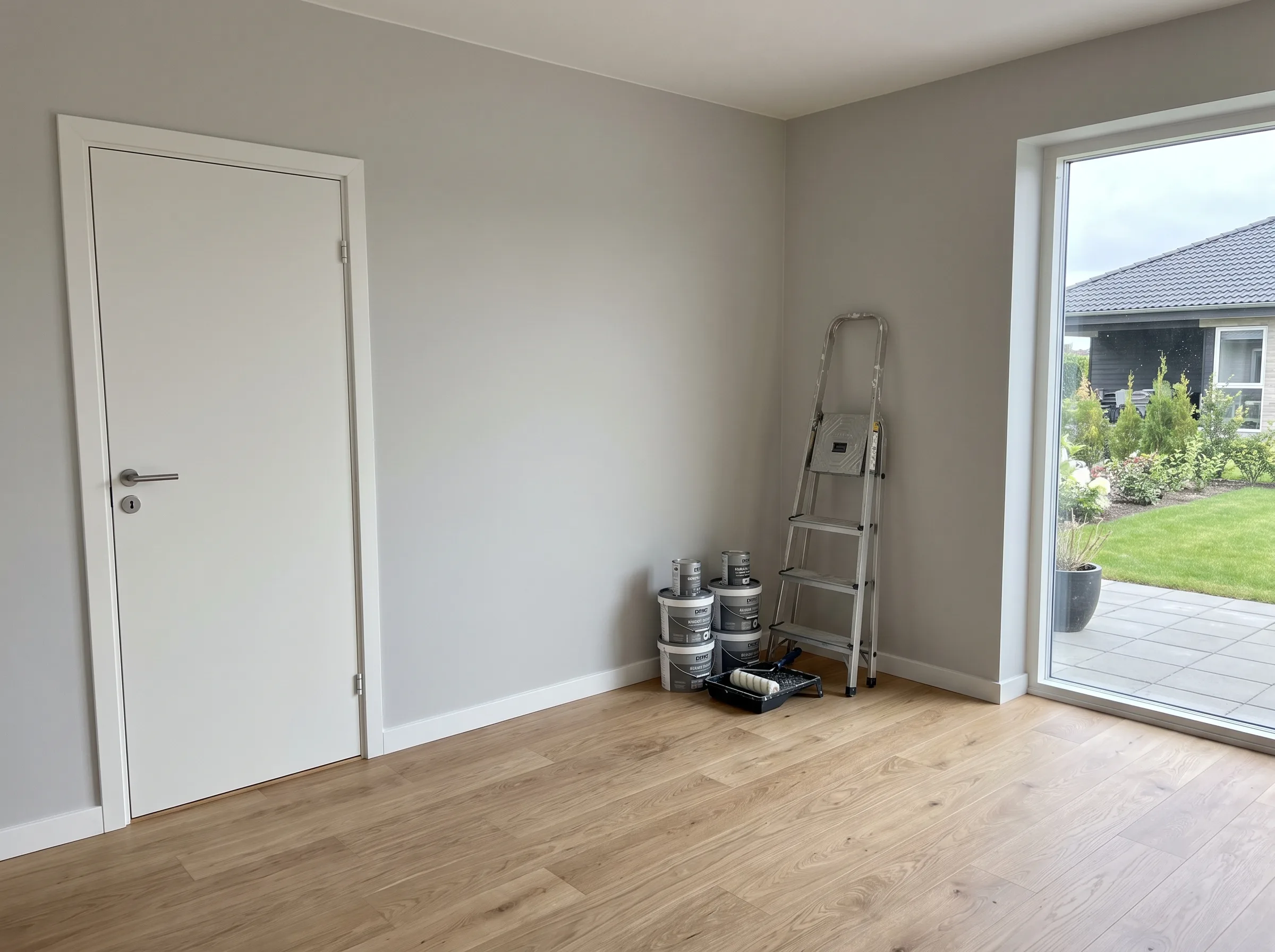 Ljust och rymligt rum med ny målning och stege, perfekt för invändig målning