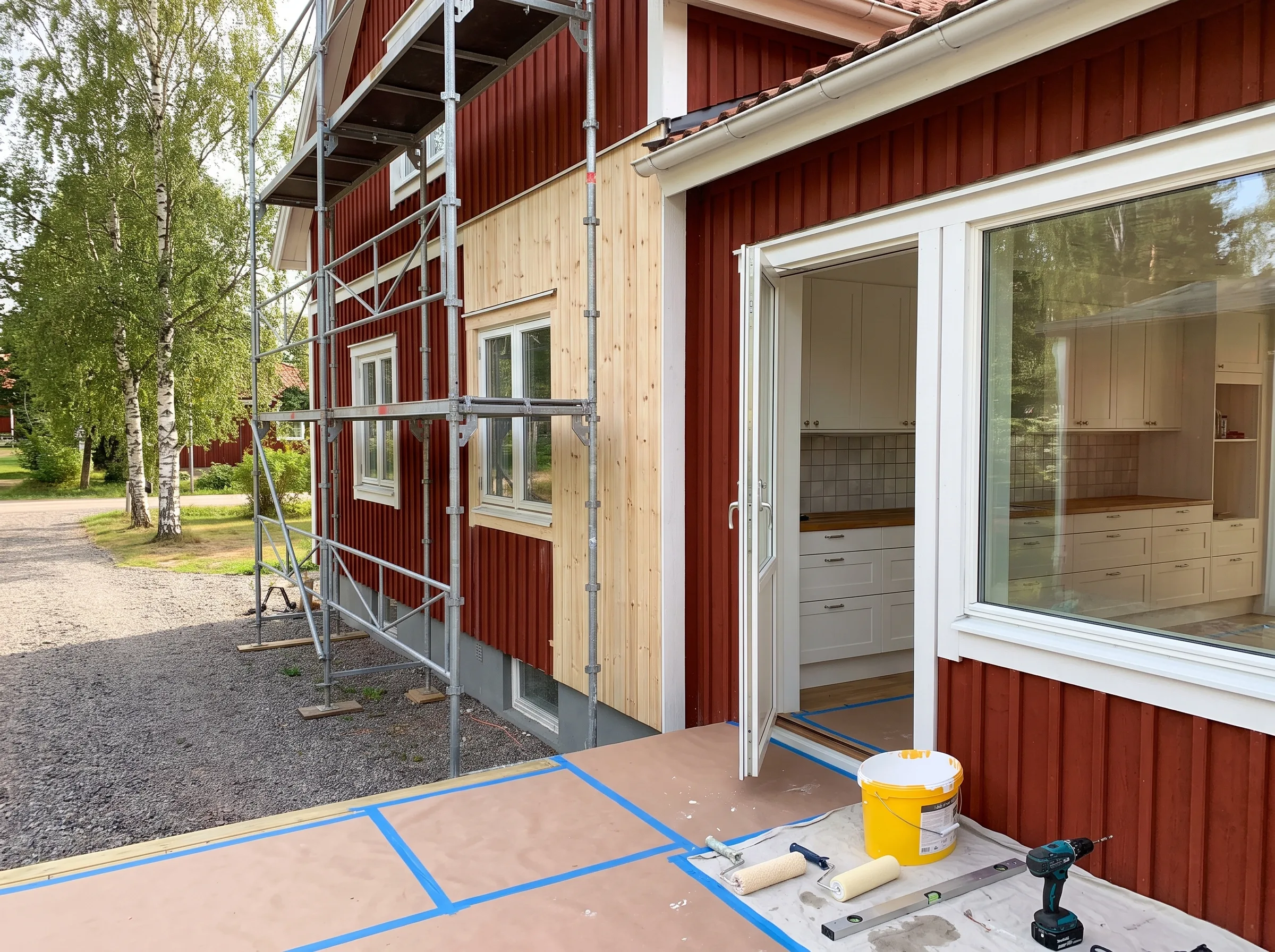 Renovering av hus med byggställningar och delvis öppnad fasad