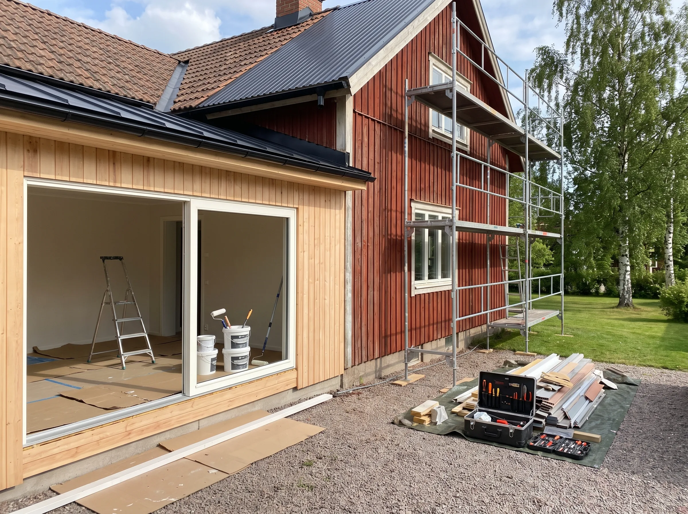 Fasadarbeten på en byggnad med byggställning, målning och material utanför